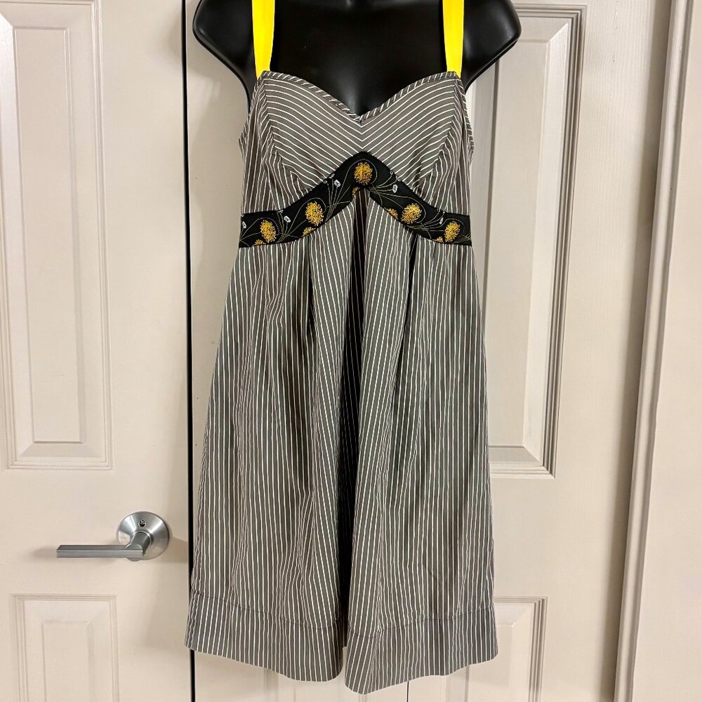 Elegant Freesia Grey Pinstripe Midi Dress with Yellow Straps  S